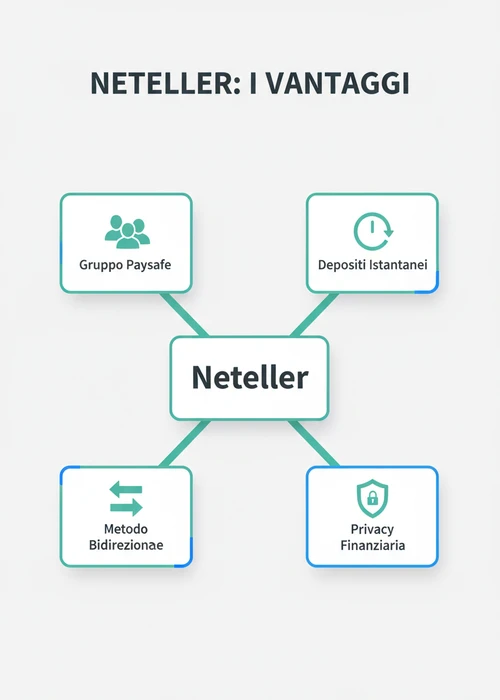 Icona Neteller su sfondo di fiches da casinò e carte da gioco, simbolo di transazioni sicure.